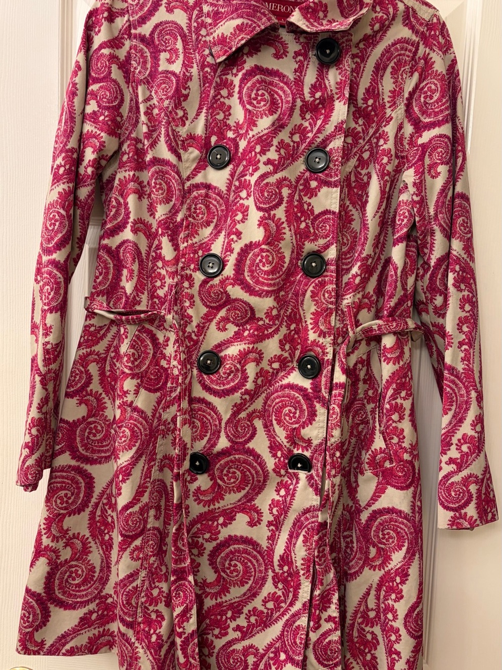 Merona Pink Paisley Trench Coat Women’s Large Belted Water Repellent Jacket